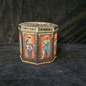 Vintage West Germany Octagon Tin Container Medieval Scene